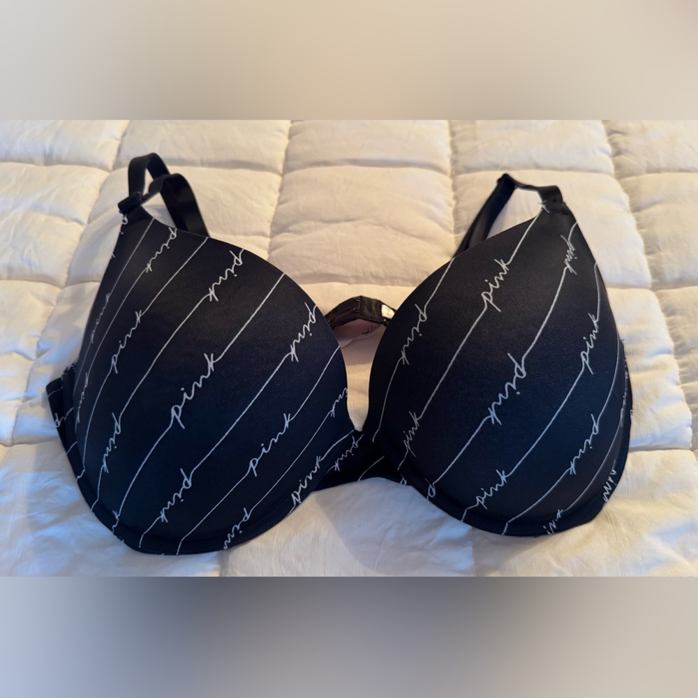 Victoria’s Secret PINK Black and White Bra with Script Design.